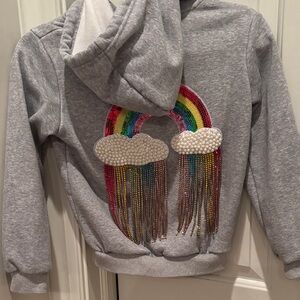 Lola + The Boys Gray Hoodie with Rainbow and Cloud Design